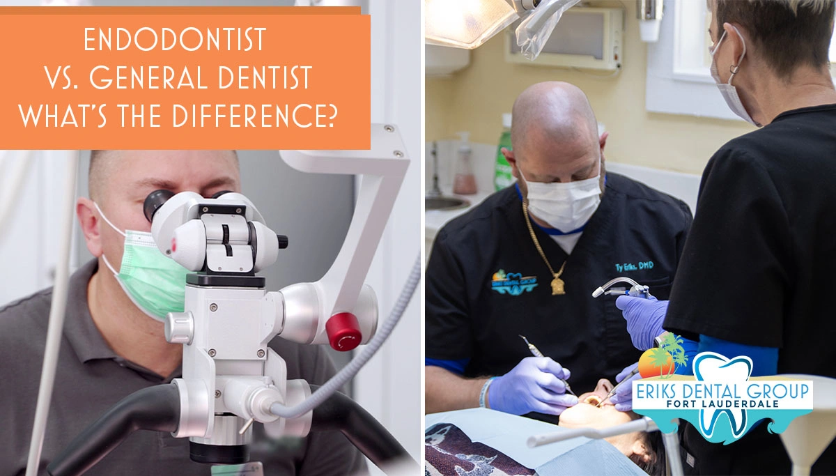 side by side comparison of an endodontist looking through a microscope with a dentist cleaning a patient's teeth